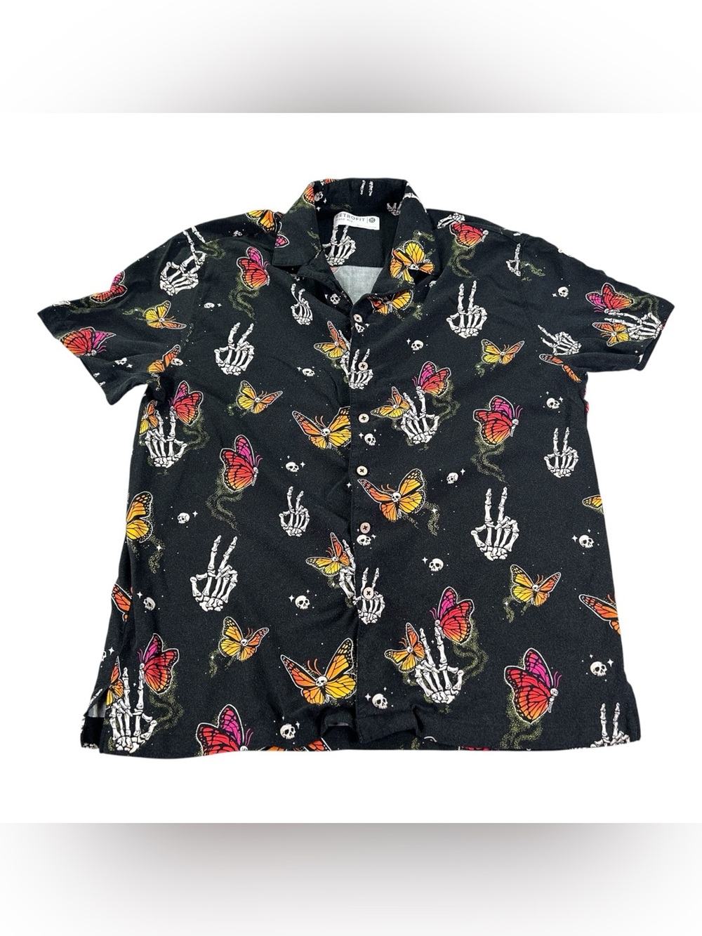 Retrofit Skeleton Butterfly Rayon Button Up Shirt Men’s M Black Halloween Grunge